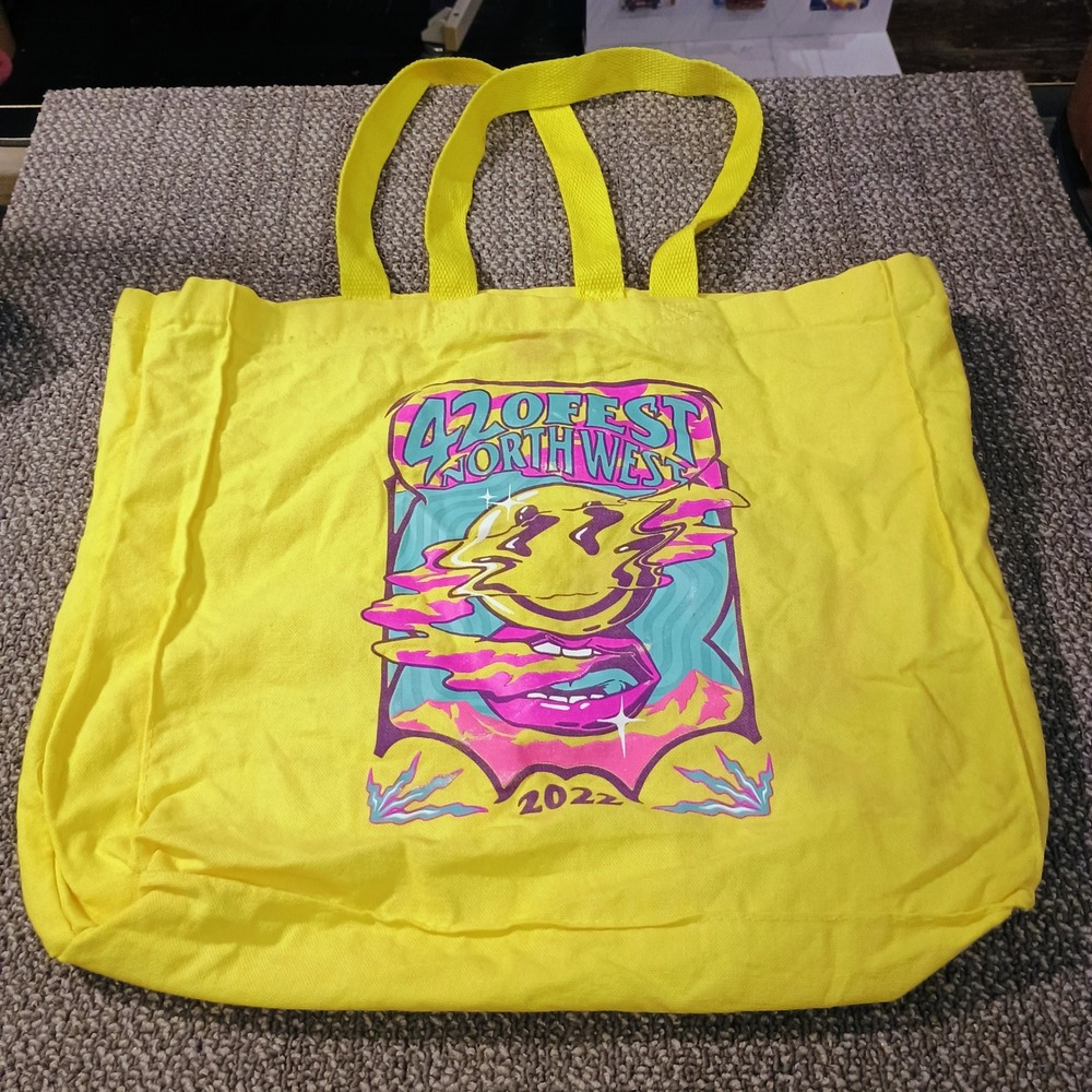 420 Fest Northwest 2022 Yellow Canvas Tote Bag Psychedelic Smiley Face Graphic